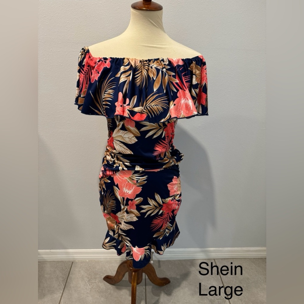 SHEIN One Shoulder Floral Dress - Navy and Pink